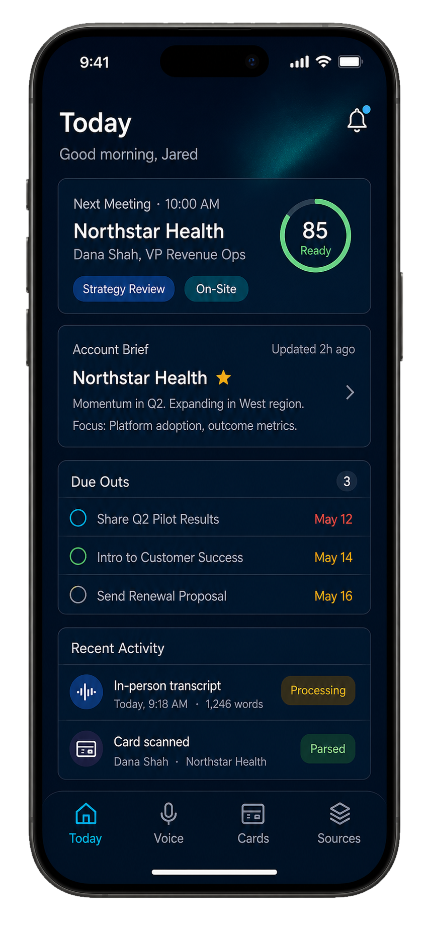 Engage home landing mobile screen with readiness, due-outs, and recent activity